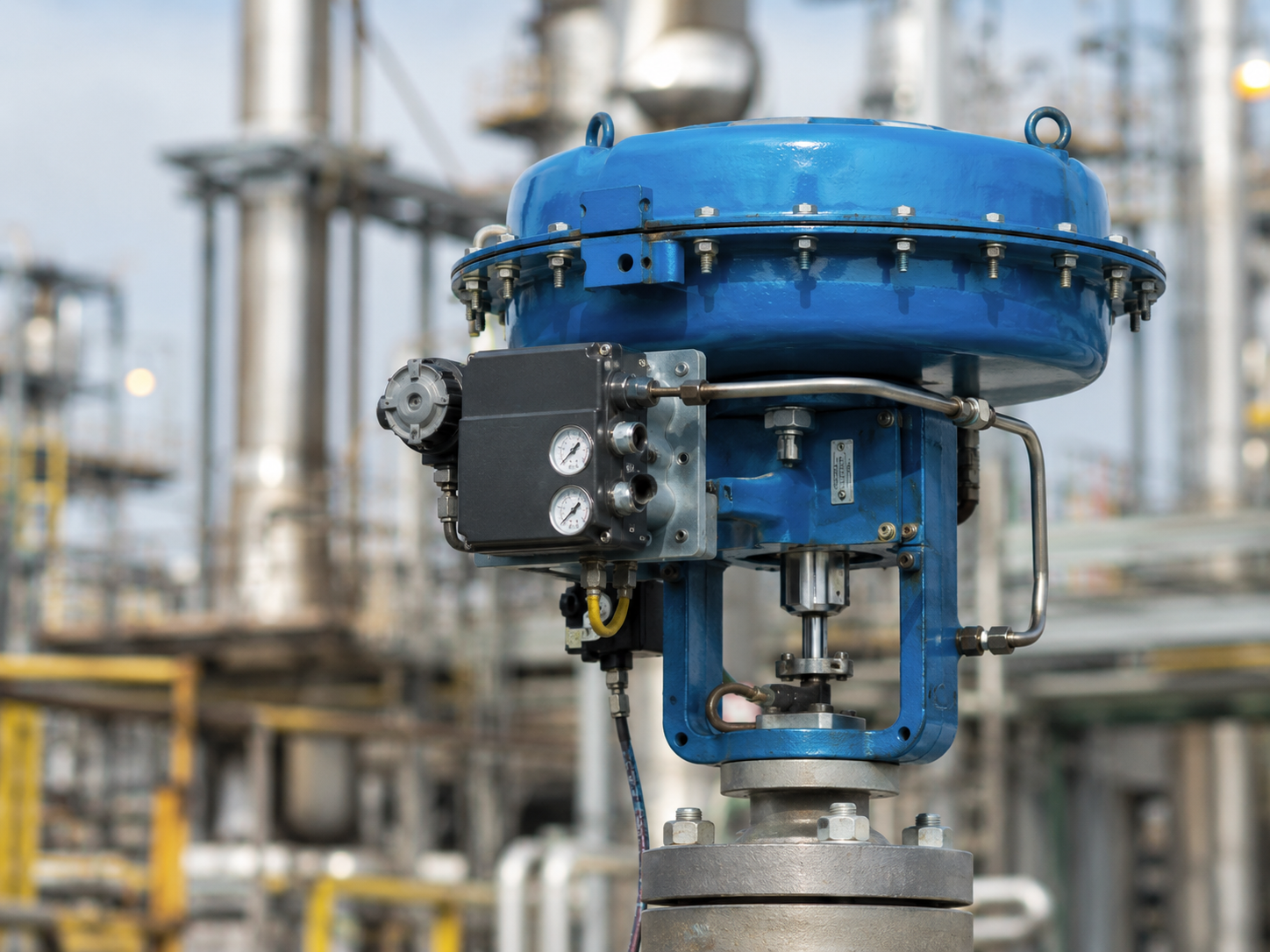 Industrial pneumatic actuator mounted on a process valve