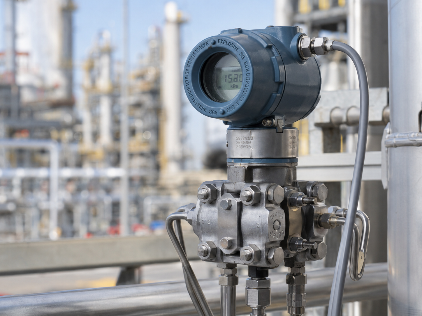 Pressure transmitter installed on process piping